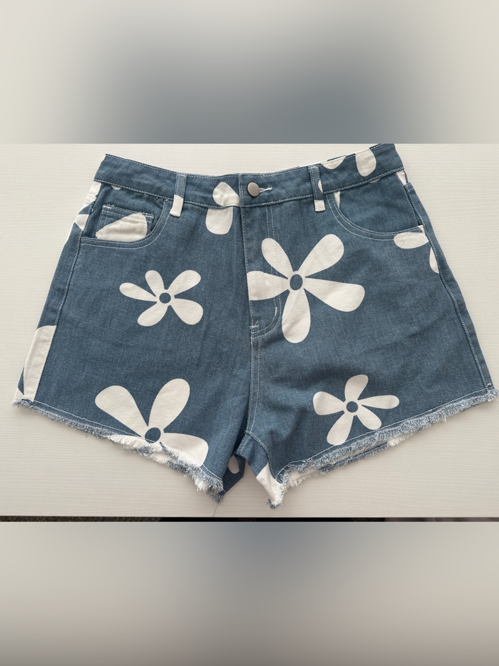 vestique Blue Denim Jean Shorts with White Floral Print